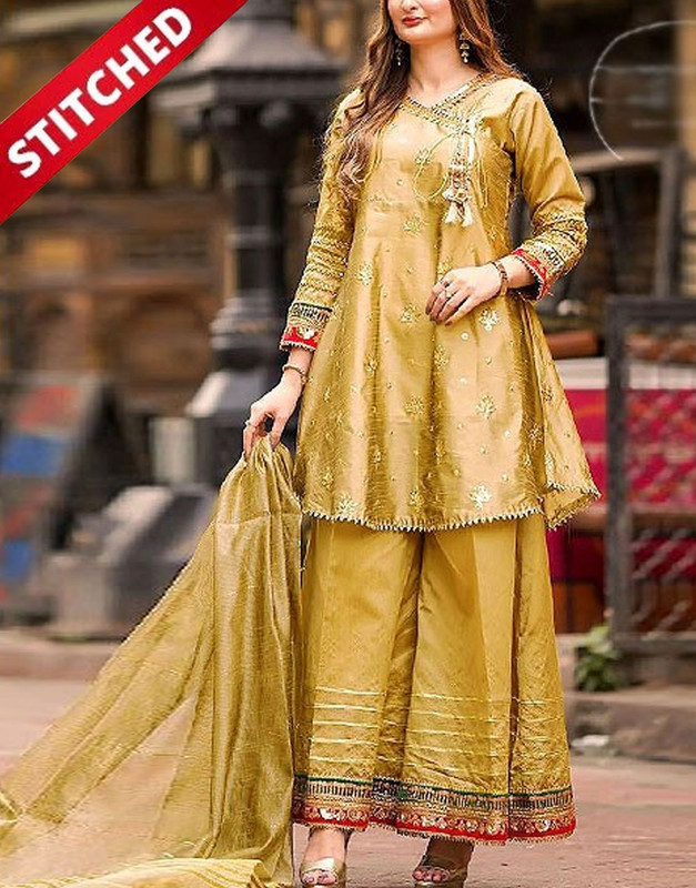 Ready-to-Wear Angrakha Style Embroidered Raw Silk Party Wear Yellow Dress