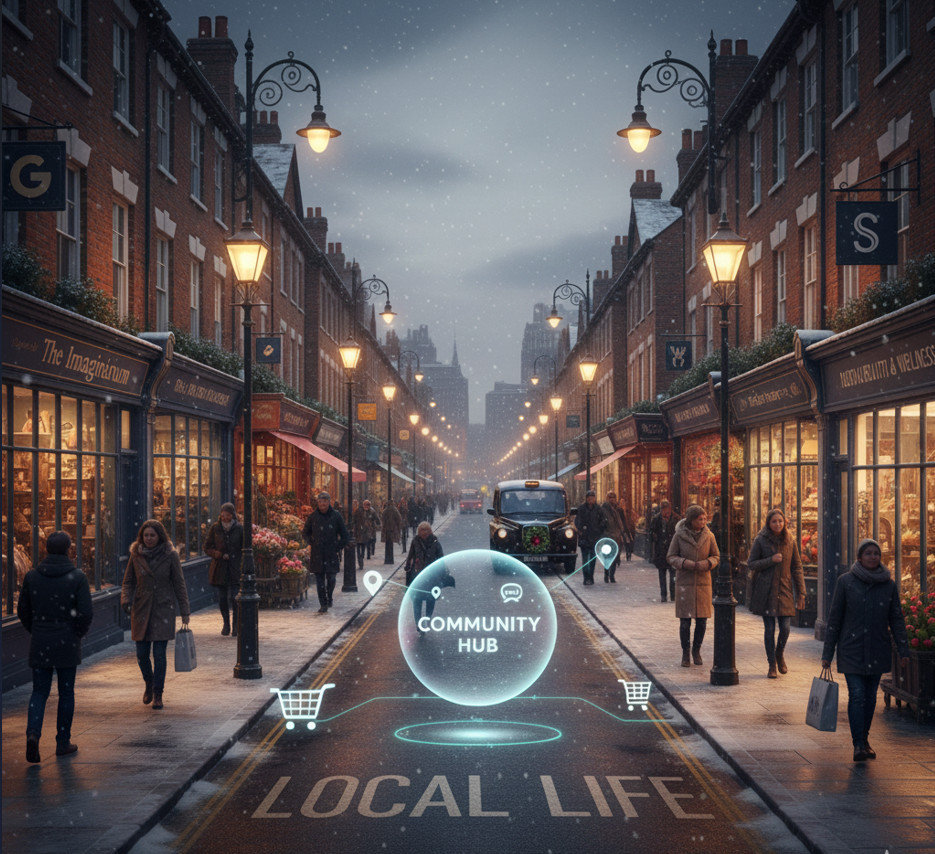 A charming and bustling high street with local shops and people shopping.