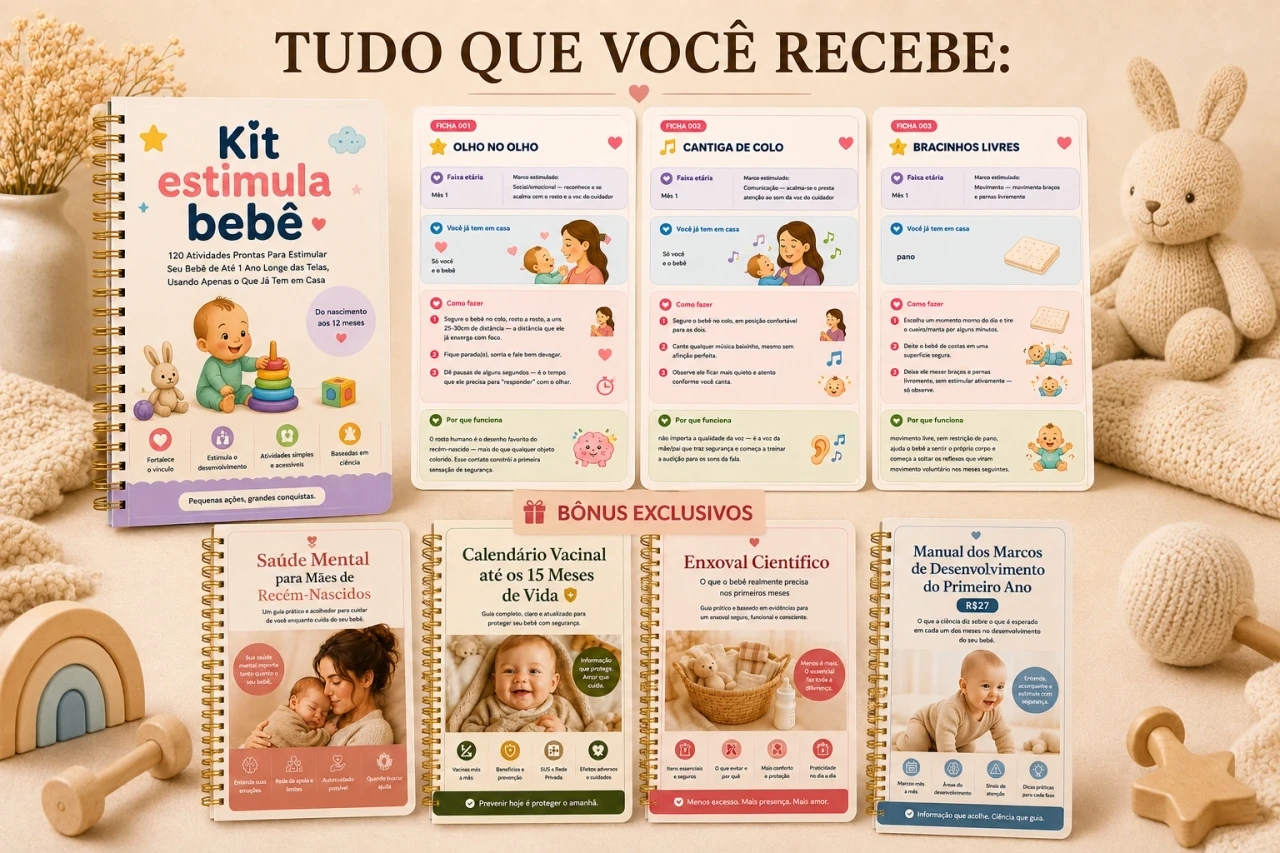 Tudo que você recebe: Kit Estimula Bebê, 4 bônus, 131 atividades e mais de 100 orientações práticas
