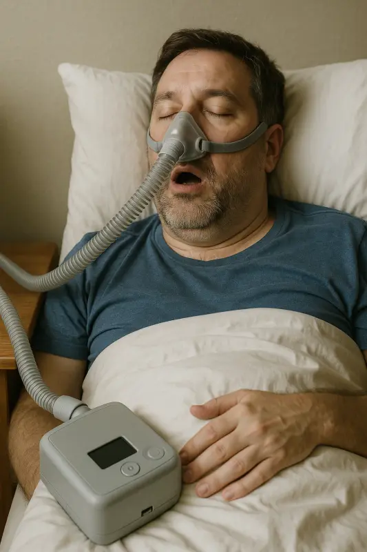 Patient using CPAP machine for sleep apnea treatment