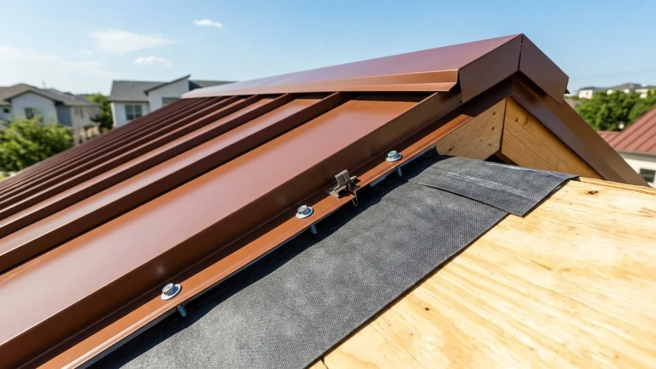 Metal roof system layers showing underlayment, fasteners, and trim components for a San Antonio installation