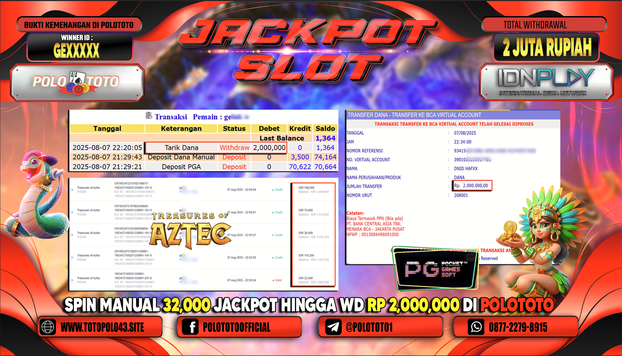 POLOTOTO JACKPOT SLOT TREASUTRS OF AZTEC Rp.2.000.000,-LUNAS