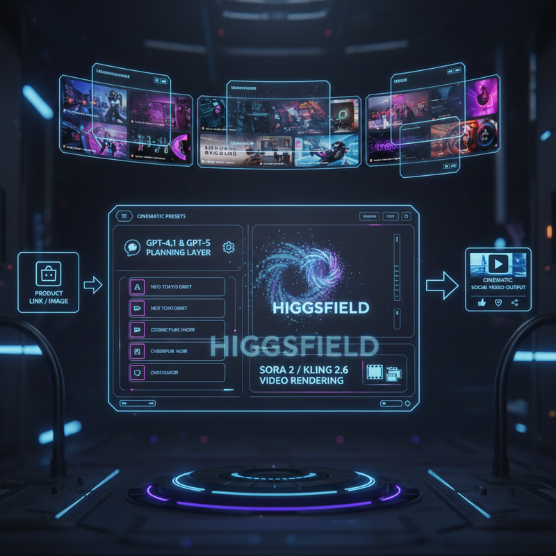 Diagram showing how Higgsfield AI works: from product link or image input through GPT planning to Sora 2 and KLING 2.6 rendering to final cinematic social video output