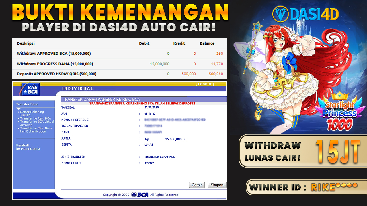 BUKTI KEMENANGAN 23 MEI 2025 DI STARLIGHT PRINCESS 1000 WD 15 JUTA