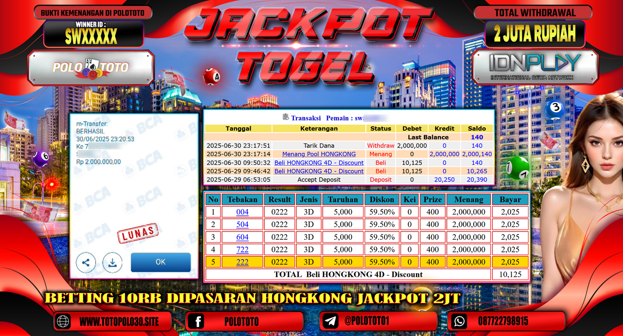 POLOTOTO JACKPOT TOGEL PASARAN HONGKONG LOTTO Rp.2.000.000,- LUNAS