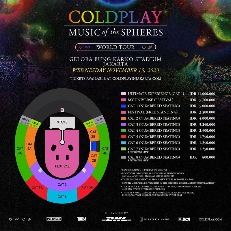 Layout tempat duduk gelaran konser Coldplay di Jakarta pada 15 November 2023 mendatang.