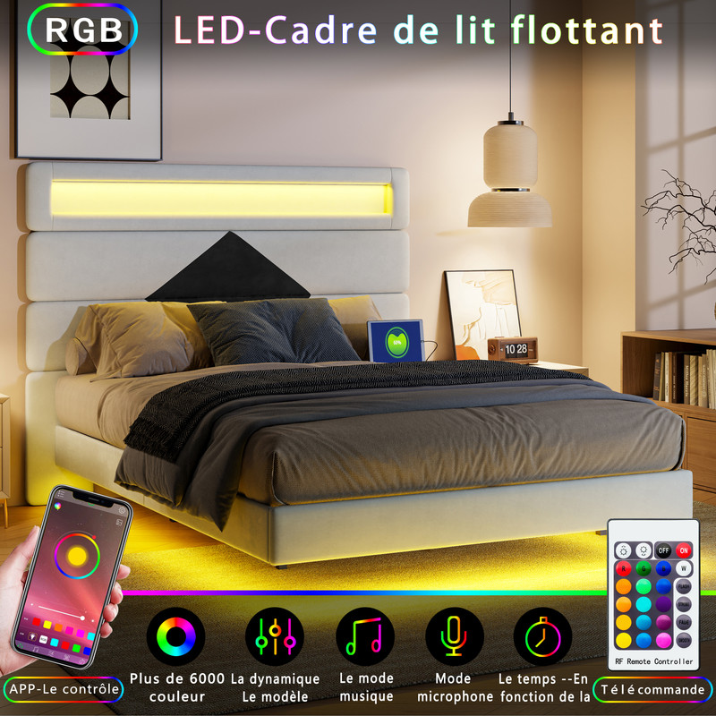 Lit 140 x 190 cm avec LED et USB