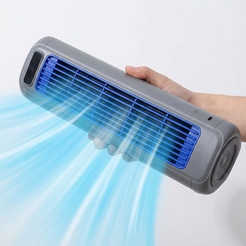 Froza AC compact air cooler held in hand – lifestyle photo