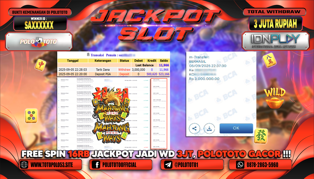 POLOTOTO JACKPOT SLOT MAHJONG WAYS Rp.3.000.000,-