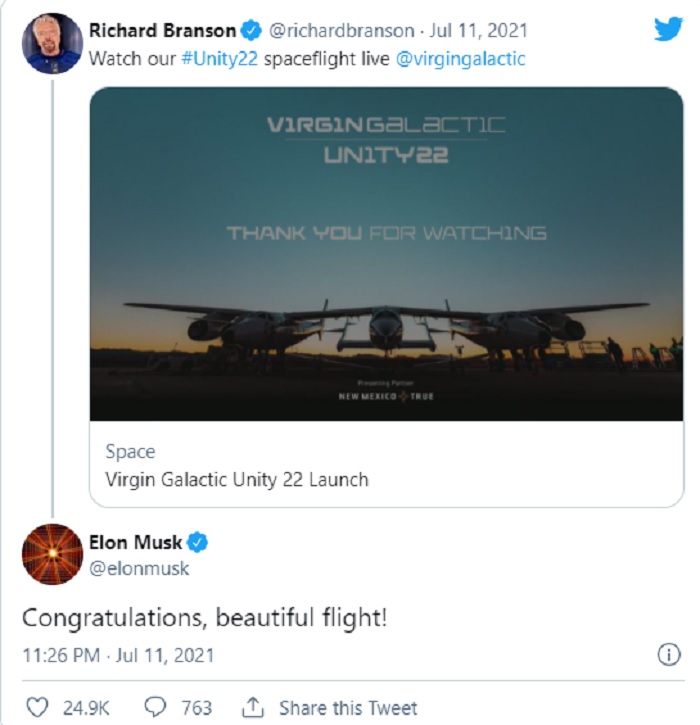 Ucapan selamat Elon Musk untuk Richard Branson yang telah berhasil menjelajahi luar angkasa.