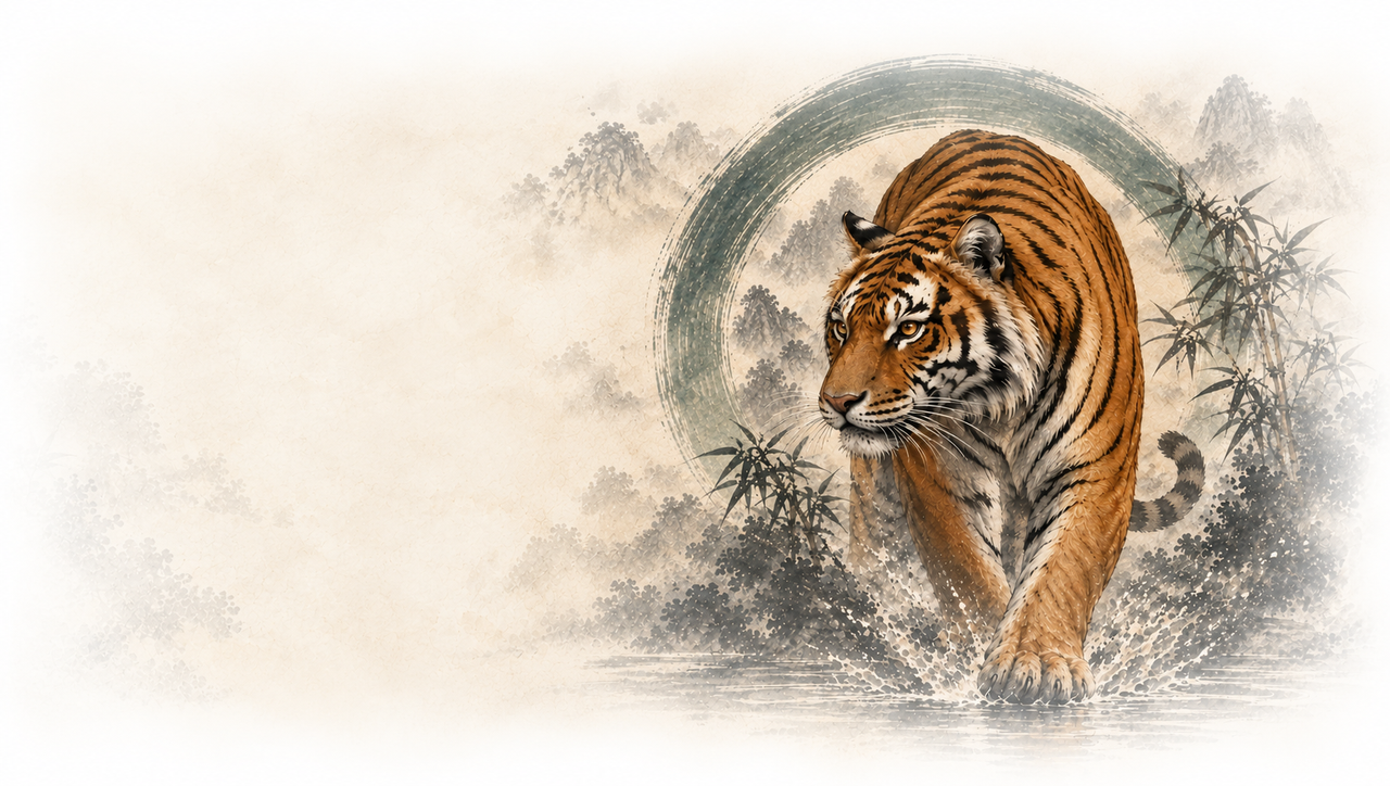 Tiger striding through ink strokes and a zen circle