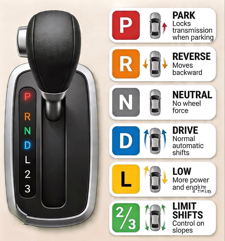 Automatic gear selector with P, R, N, D, L and 2/3 positions explained