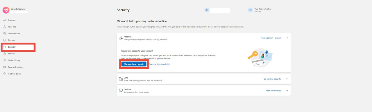 Microsoft Security - Manage how i sign in