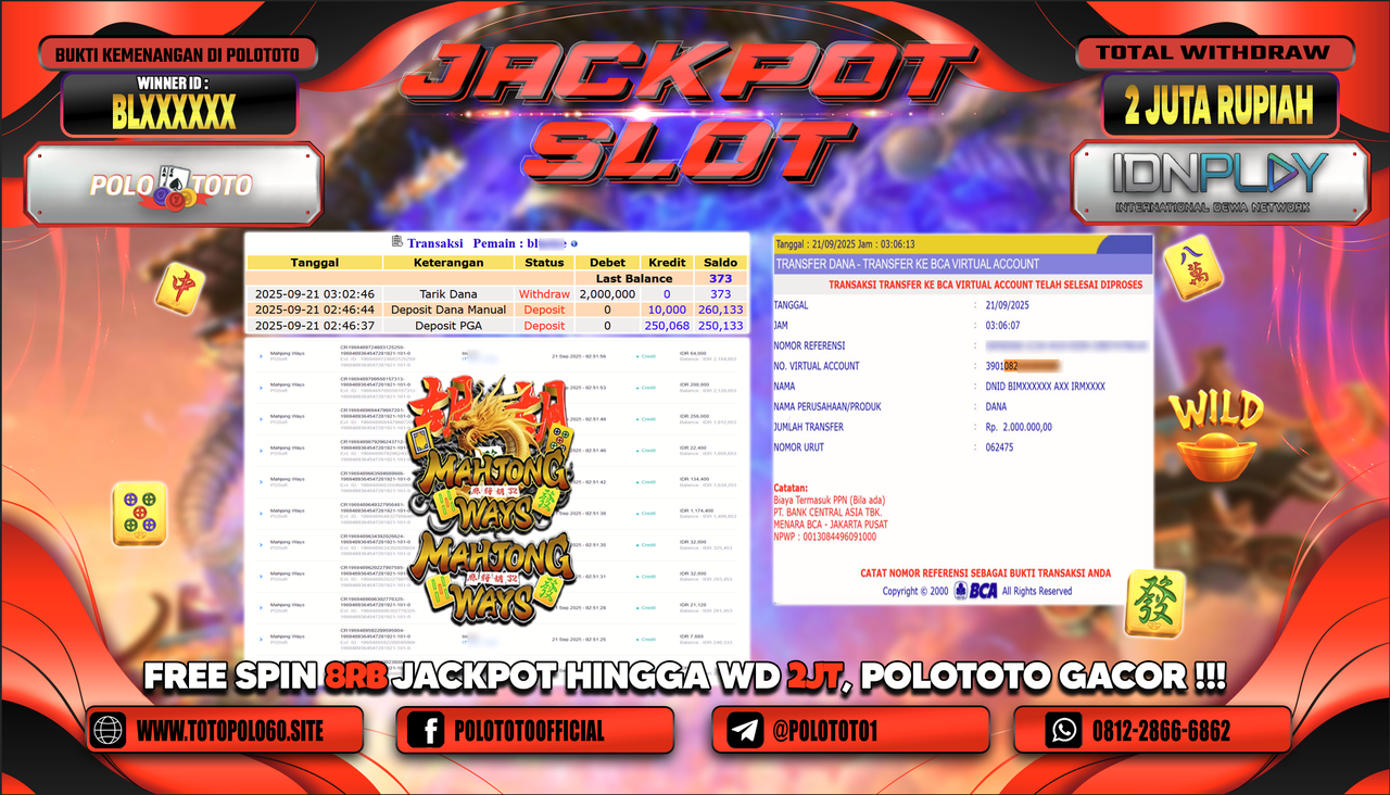 POLOTOTO JACKPOT SLOT MAHJONG WAYS Rp.2.000.000,-