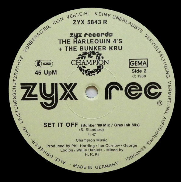 31/10/2023 - Harlequin 4's  Bunker Kru – Set It Off (Bunker '88 Mix)(Vinil, 12, 45 RPM, Maxi-Single)(ZYX Records – ZYX 5843R)  1988 R-334160-1588880068-1165