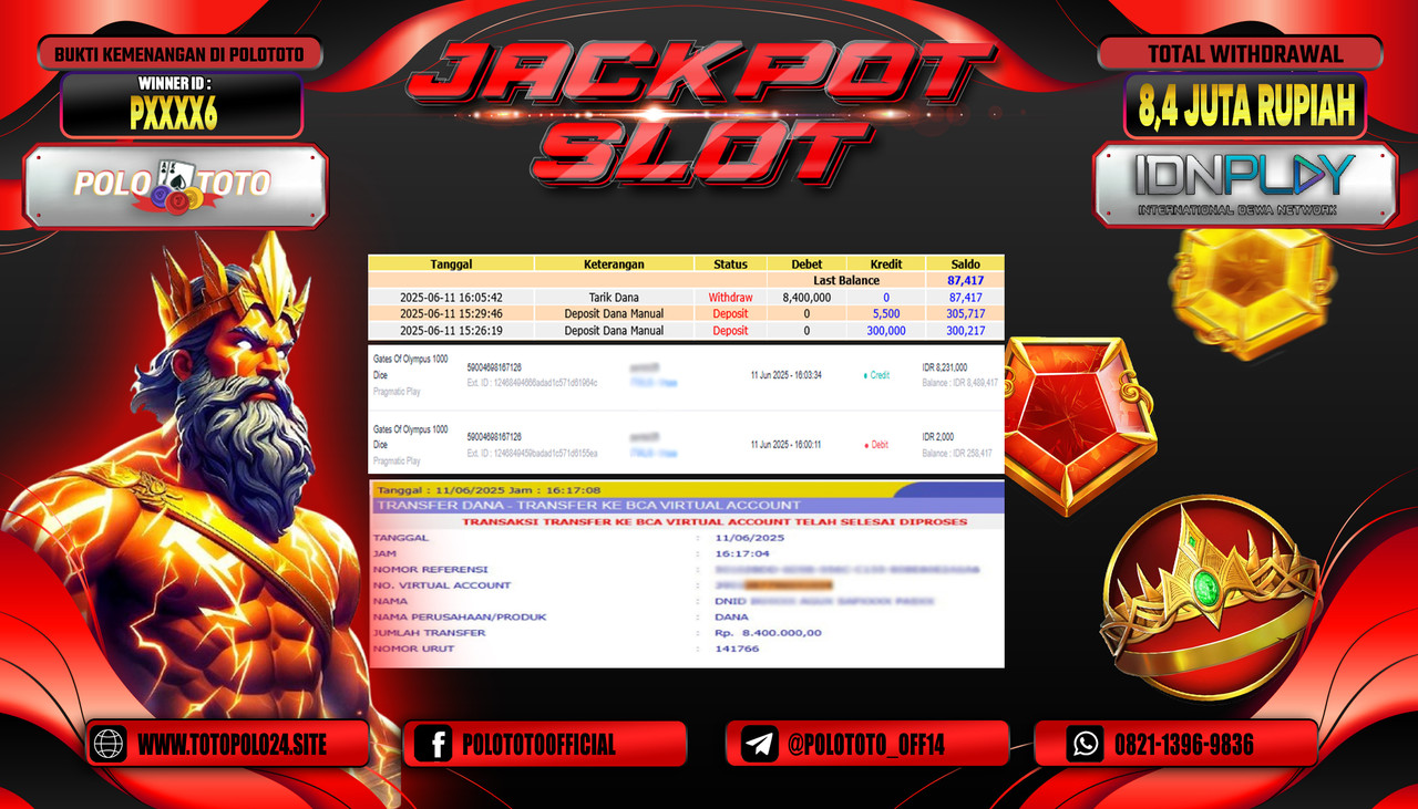 POLOTOTO JACKPOT SLOT GATES OF OLYMPUS 1000 Rp.8.400.000,- LUNAS