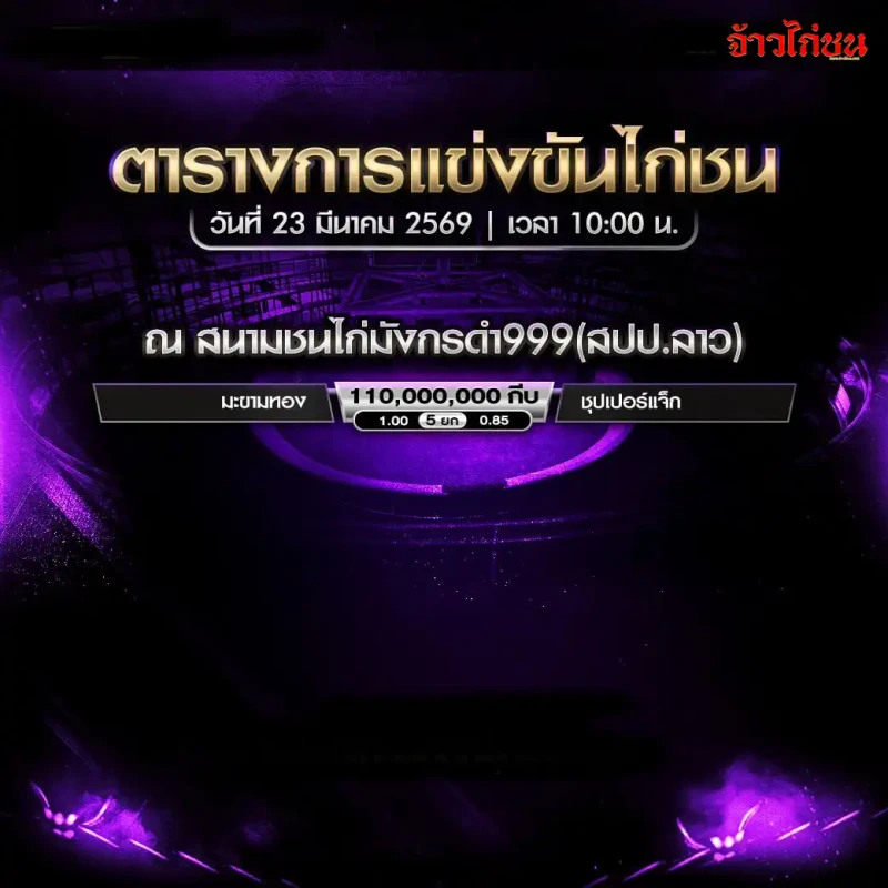 โปรแกรมไก่ชน สนามชนไก่มังกรดำ999 สปป ลาว วันที่ 23 มีนาคม 2569
