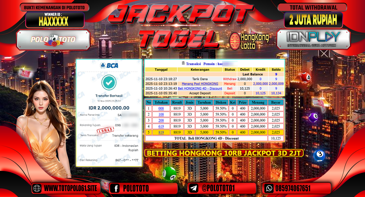 POLOTOTO JACKPOT TOGEL MENANG HONGKONG LOTTO Rp.2.000.000,- LUNAS