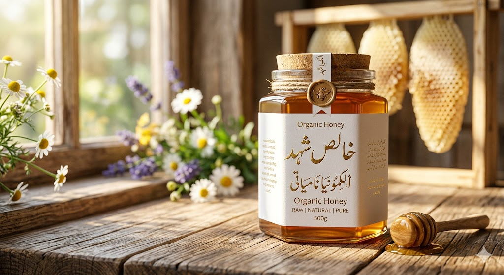 آج کی پرامپٹ : پروفیشنل پروڈکٹ برانڈنگ (شہد کا جار) 🔍