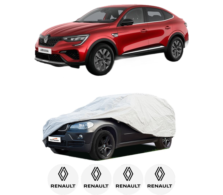 Husa tip prelata auto pentru RENAULT ARKANA I (LCM_, LDN_) din 2019-2021, Culoare Gri, material textil impermeabil, rezistanta la intemperii praf UV, CARPASSION Husa Protectie, 4 Stickere auto cu RENAULT