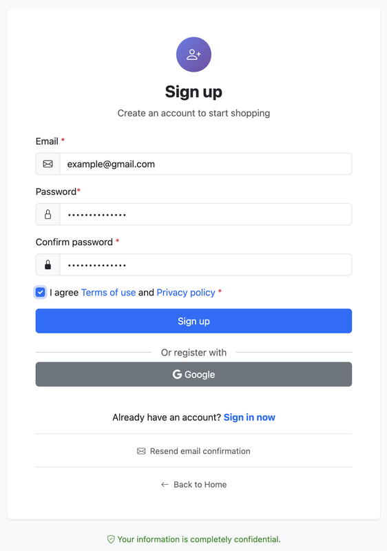 MegaAcc registration form showing email and password fields with terms acceptance checkbox