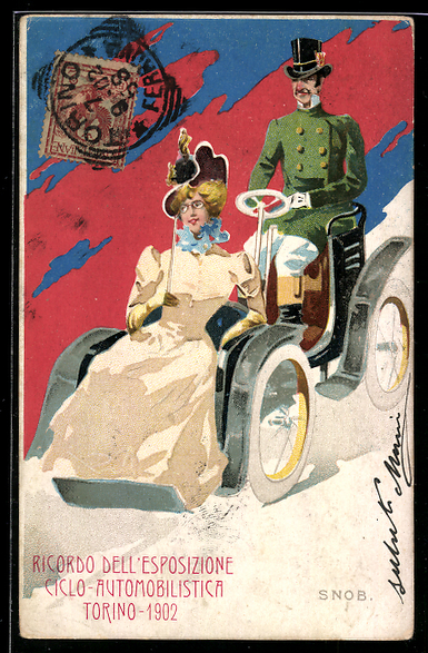 AK Torino Esposizione Ciclo Automobilista 1902 Frau mit Chauffeur auf einem Auto