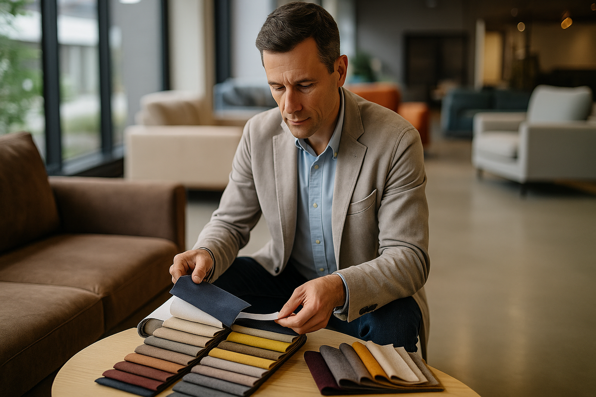 klient-rassmatrivaet-obrazcy-obivki-i-materialov-v-shourume