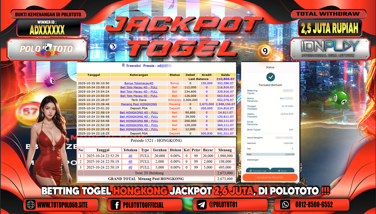 POLOTOTO JACKPOT TOGEL MENANG HONGKONG LOTTO Rp.2.500.000,- LUNAS