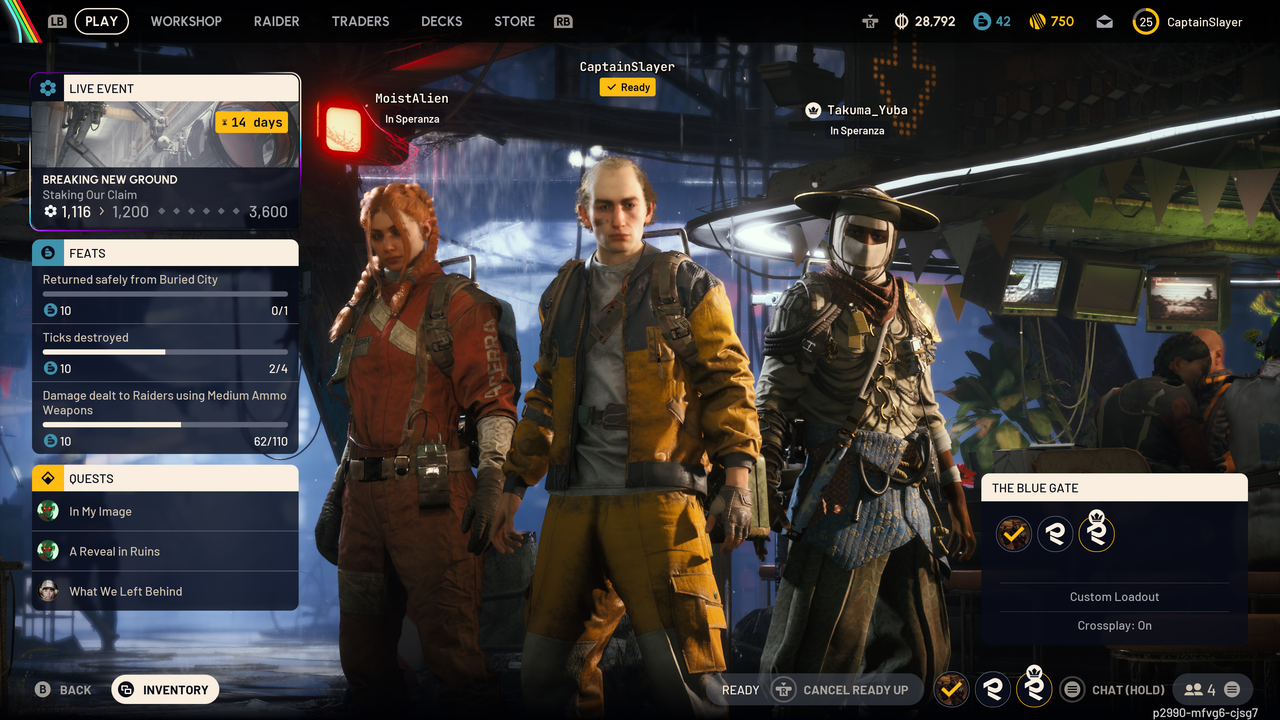 A screenshot of the lobby in Arc Raiders where community members Vizzy, Julian, and Tyler are queued up to play.