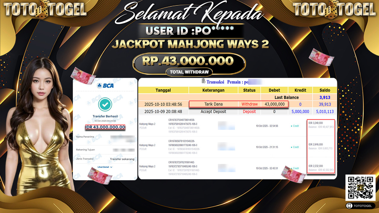 Bukti Pembayaran Jackpot Permainan Slot Mahjong Ways 2  ID:PO*** LUNAS