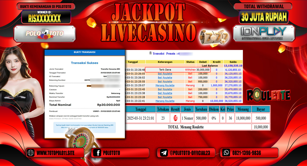 POLOTOTO JACKPOT LIVE CASINO ROULETTE  Rp.30.000.000,- LUNAS