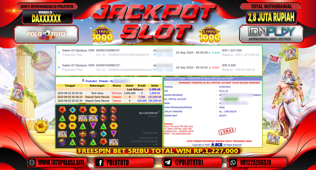 POLOTOTO JACKPOT SLOT GATES OF OLYMPUS 1000 Rp.2.800.000,-