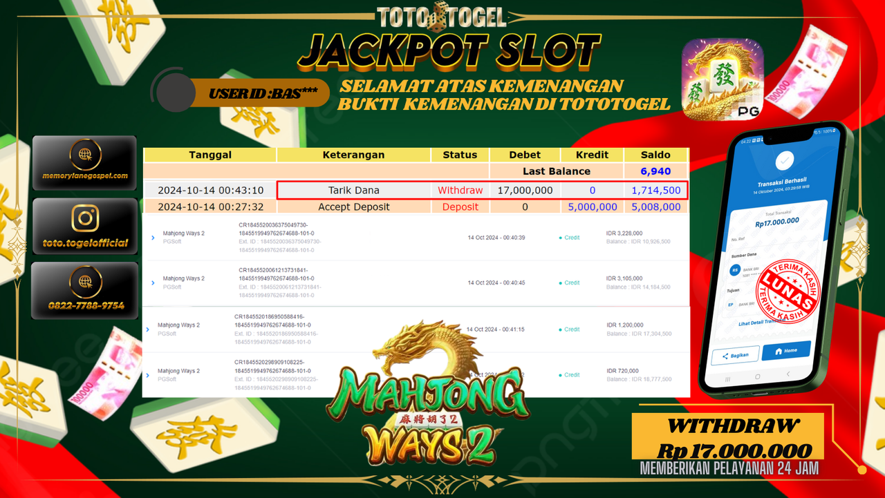 Bukti Kemenangan Permainan Slot Mahjong Wayz 2 ID : BAS*** Terbayar Lunas!!