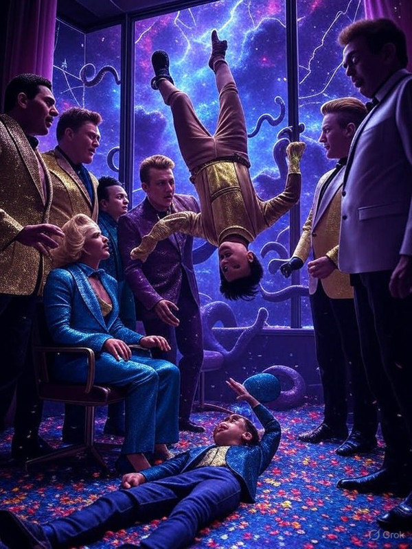 Kid Twist Reles falling from a cracked window in a 2025 Kraken therapy session, with kestrels and all characters