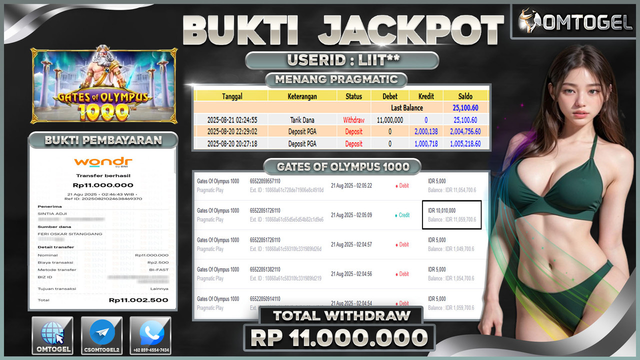 OMTOGEL JACKPOT PRAGMATIC PLAY GATES OF OLYMPUS 1000 11 JUTA DI BAYAR LUNAS ,-