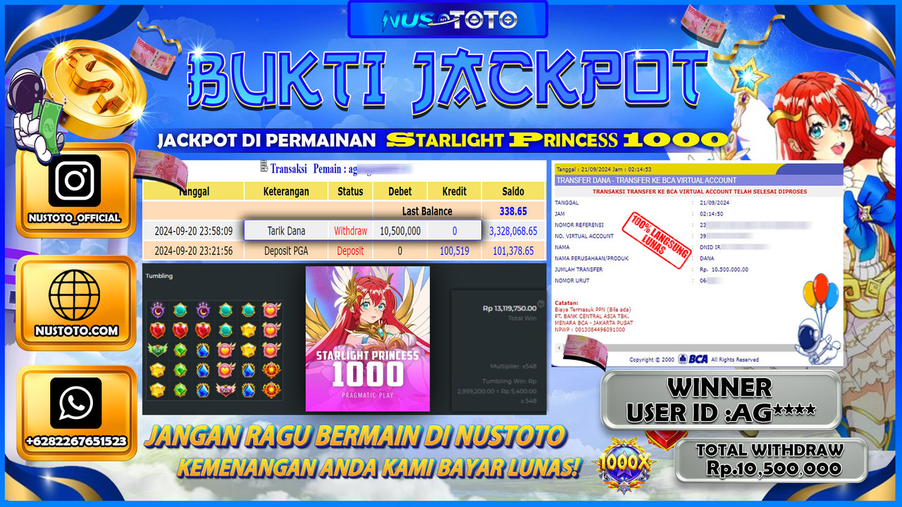 JACKPOT !! MENANG BESAR DI SLOT GAMES STARLIGHT PRINCESS  Rp. 10.500.000 LANGSUNG DI BAYAR LUNAS NUSTOTO !!