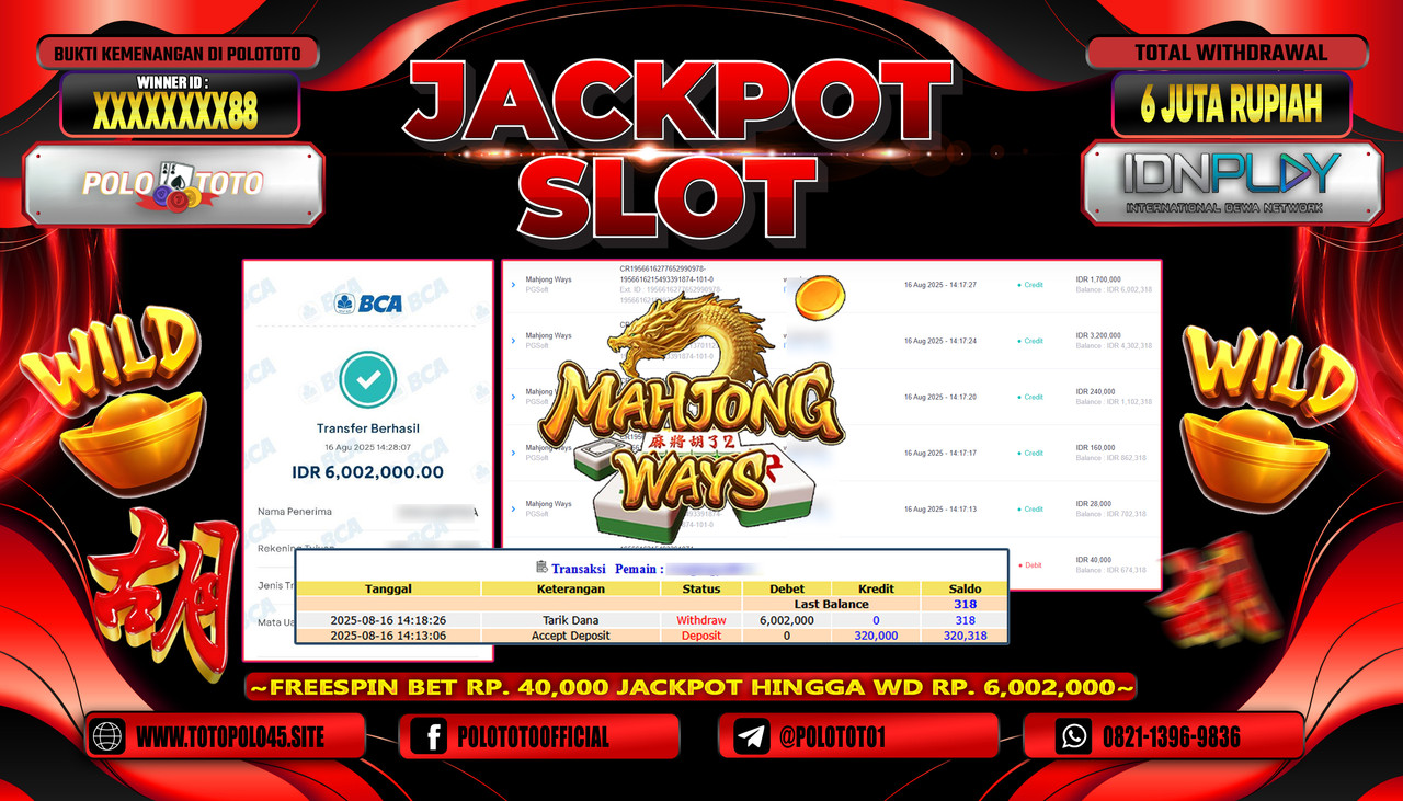 POLOTOTO JACKPOT SLOT MAHJONG WAYS 2 Rp.6.000.000,- LUNAS