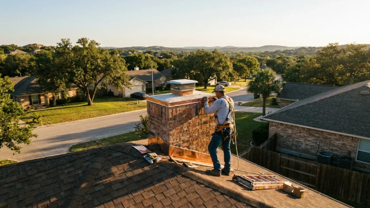 Professional roofer inspecting and repairing chimney flashing on San Antonio home