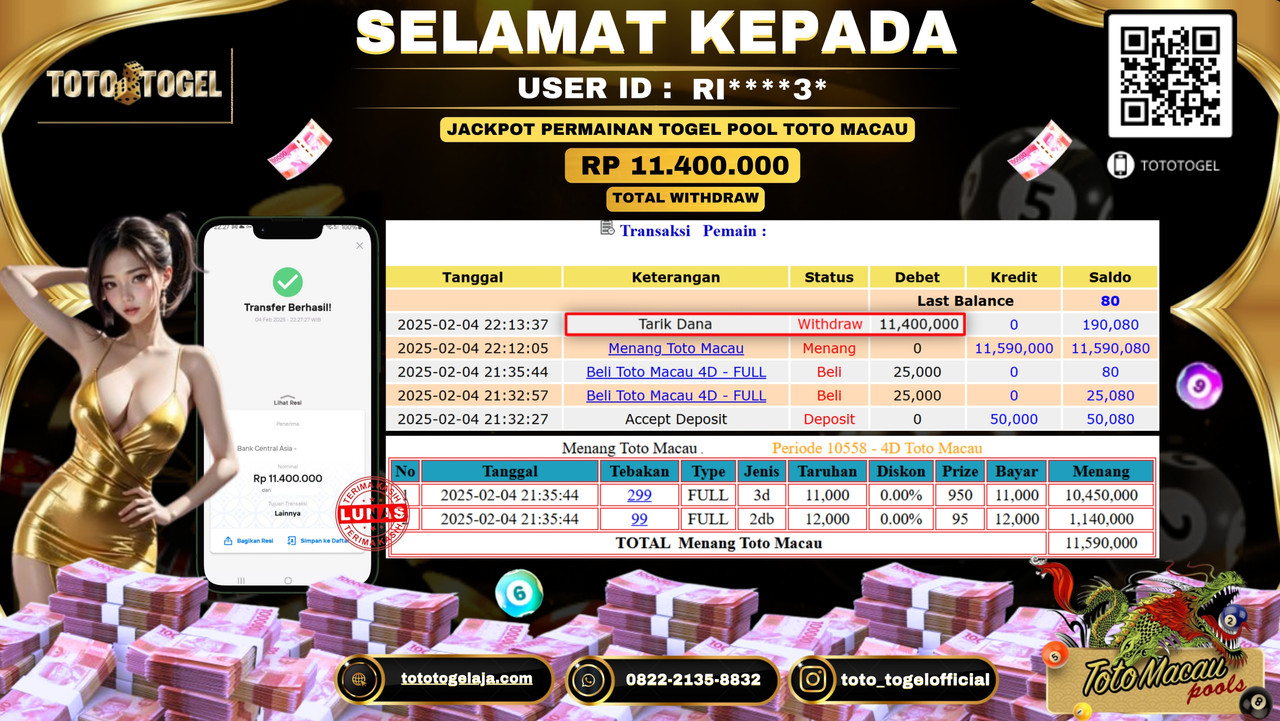 Bukti Pembayaran Jackpot  Permainan Togel Pool Toto Macau  ID:RI****3*  LUNAS