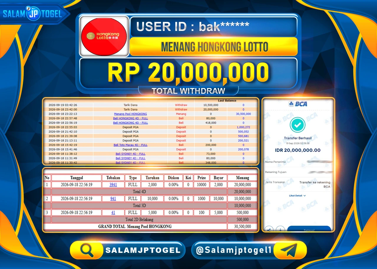 SALAMJPTOGEL JACKPOT MENANG TOGEL HONGKONG LOTTO Rp.20,000,000 - LUNAS