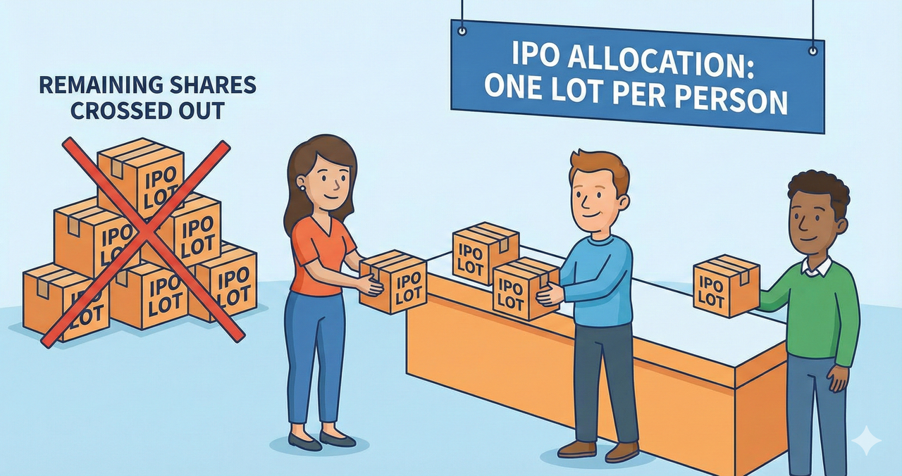 Illustration showing one lot per person with remaining shares crossed out