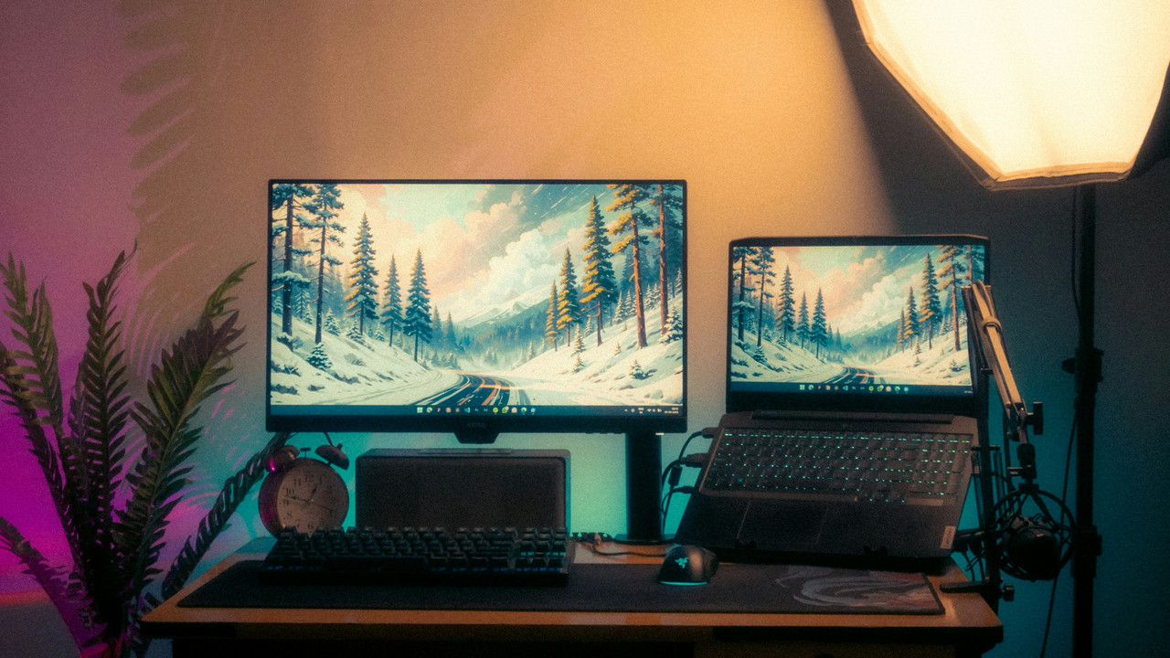High performance desktop workstation for AI photo editing with dual monitors