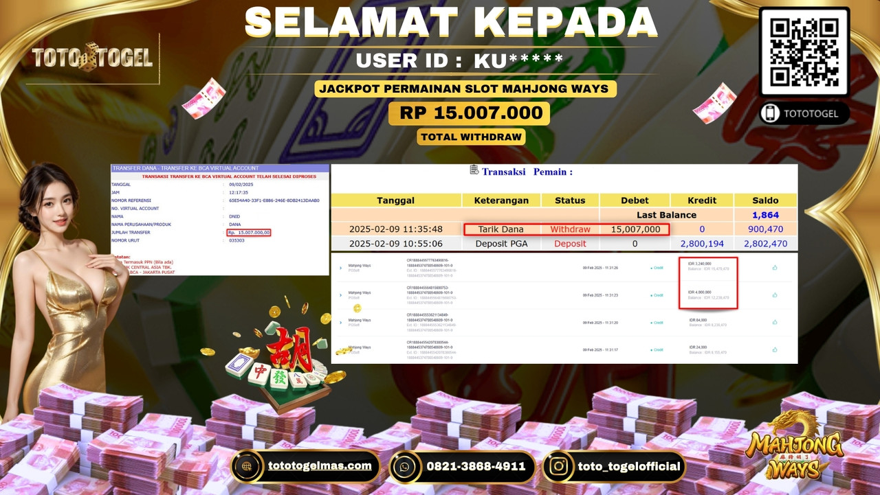 Bukti Pembayaran Jackpot  Permainan Slot Mahjong Ways  ID:KU****  LUNAS