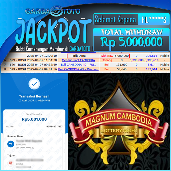 JACKPOT TOGEL DI PASARAN CAMBODIA  WD Rp 5.000.000,- DIBAYAR LUNAS GARDATOTO MANTAP !