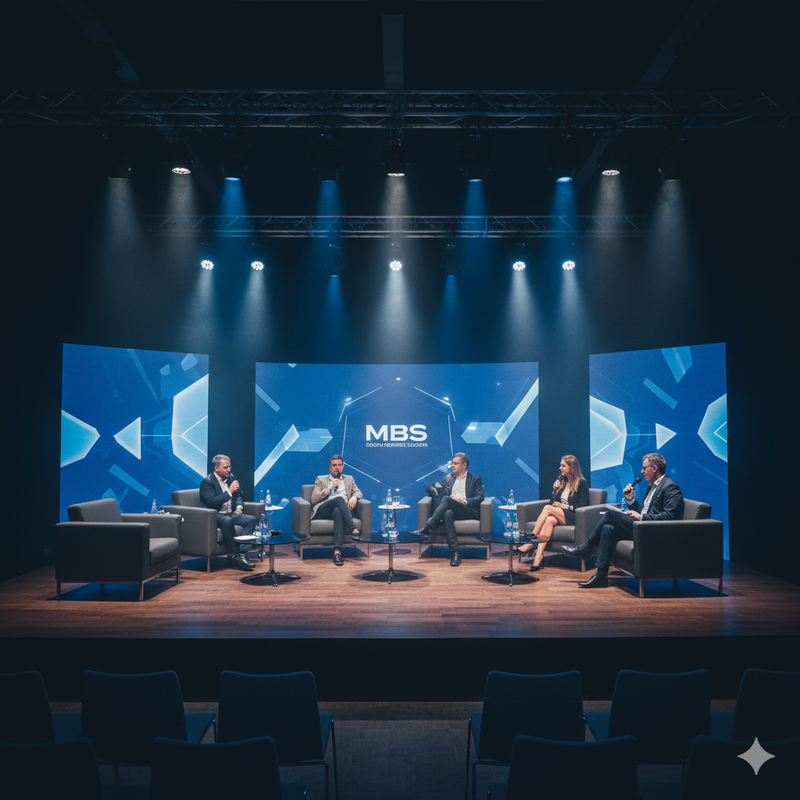 Оформление сцены с журнальными столами и креслами для панельной дискуссии