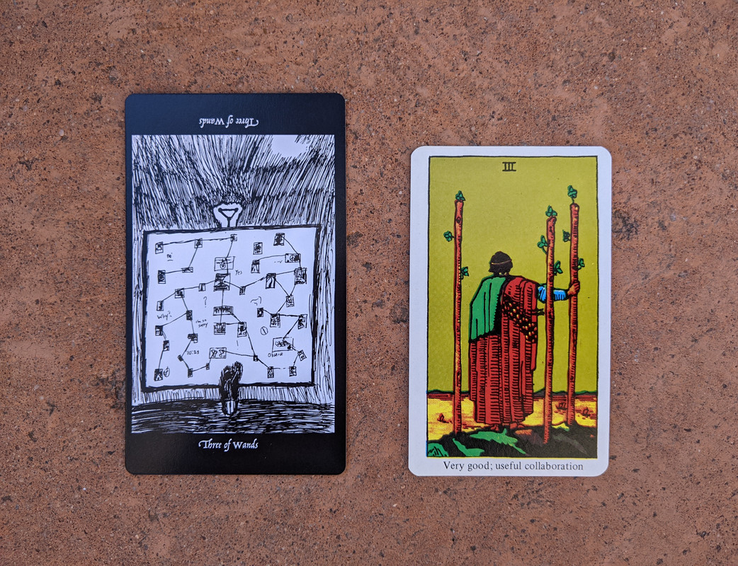 The Three of Wands from the Elsewhere Tarot, showing a rough, sketchy drawing of a figure looking up at a large diagram, that looks a bit like an evidence board in a detective show, and has words and phrases on it like “observe,” “I’m so sorry, “Yes,” and “No”, alongside the Three of Wands from a janky, bootleg RWS deck, showing a well dressed dude looking out at the ocean.