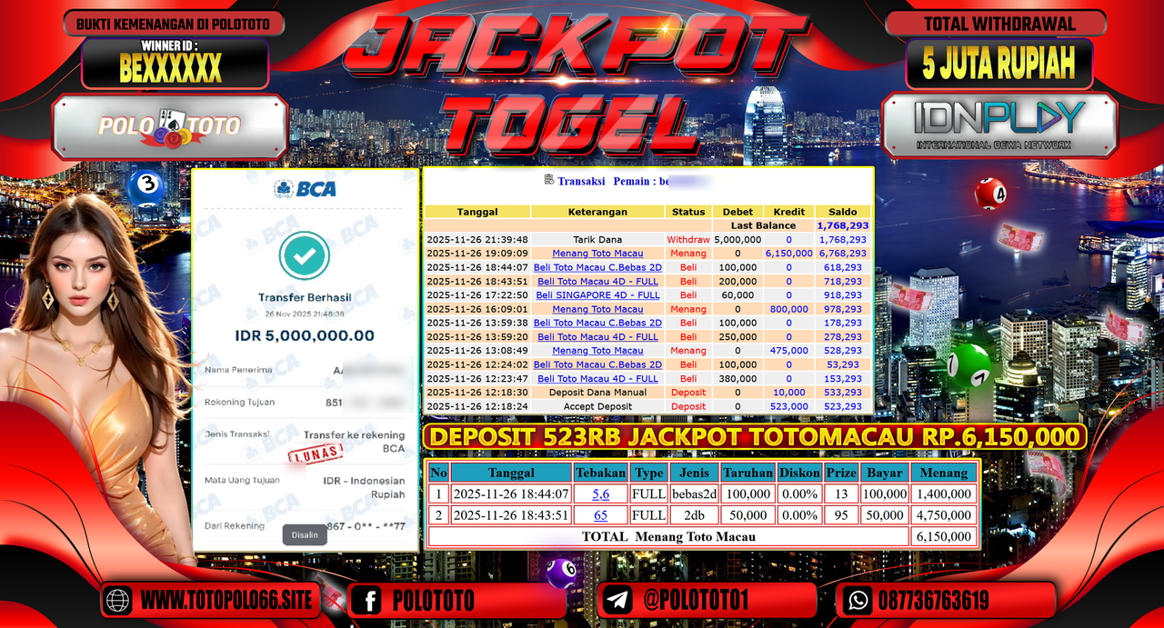 POLOTOTO JACKPOT TOGEL MENANG TOTO MACAU Rp.5.000.000,- LUNAS