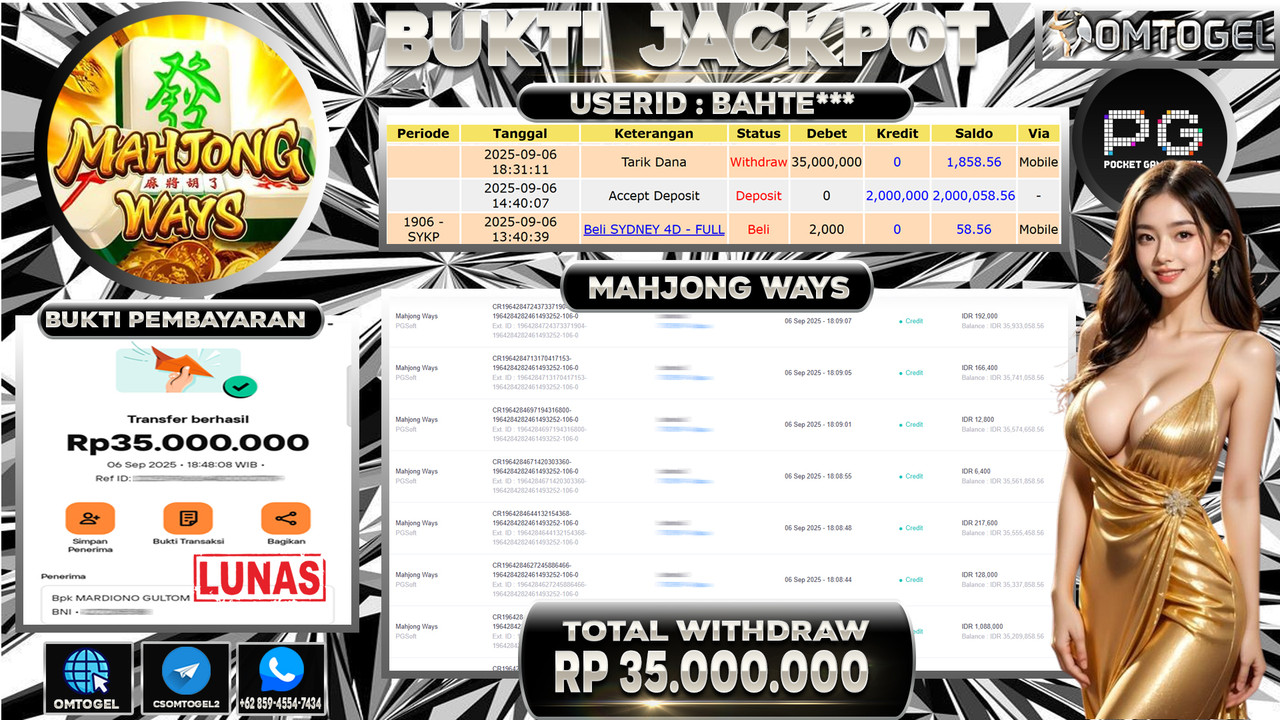 OMTOGEL JACKPOT PGSOFT MAHJONG WAYS 35 JUTA DI BAYAR LUNAS ,-
