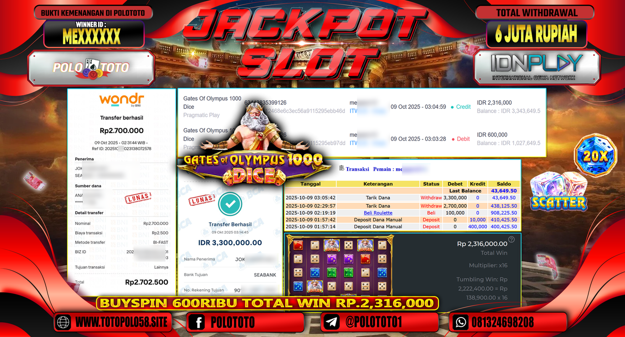 POLOTOTO JACKPOT SLOT GATES OF OLYMPUS 1000 DICE Rp.6.000.000,- LUNAS
