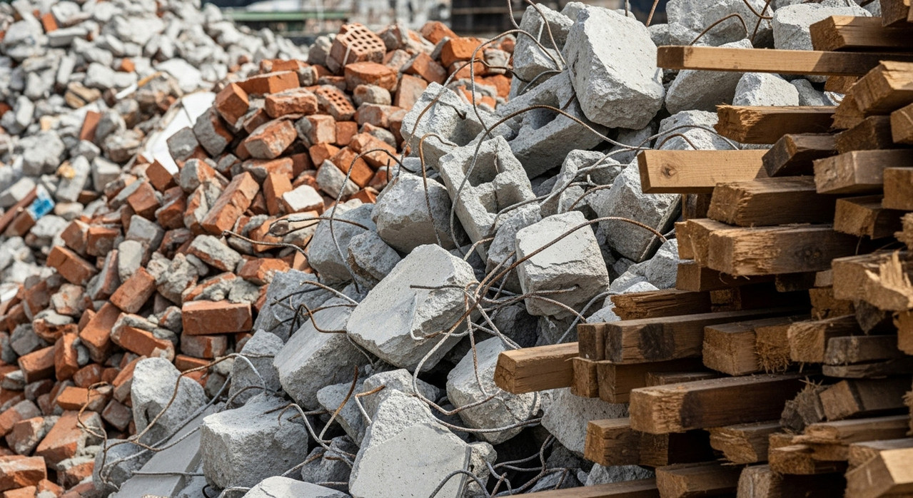 Виды строительных отходов перед переработкой — бетон, кирпич, древесина
